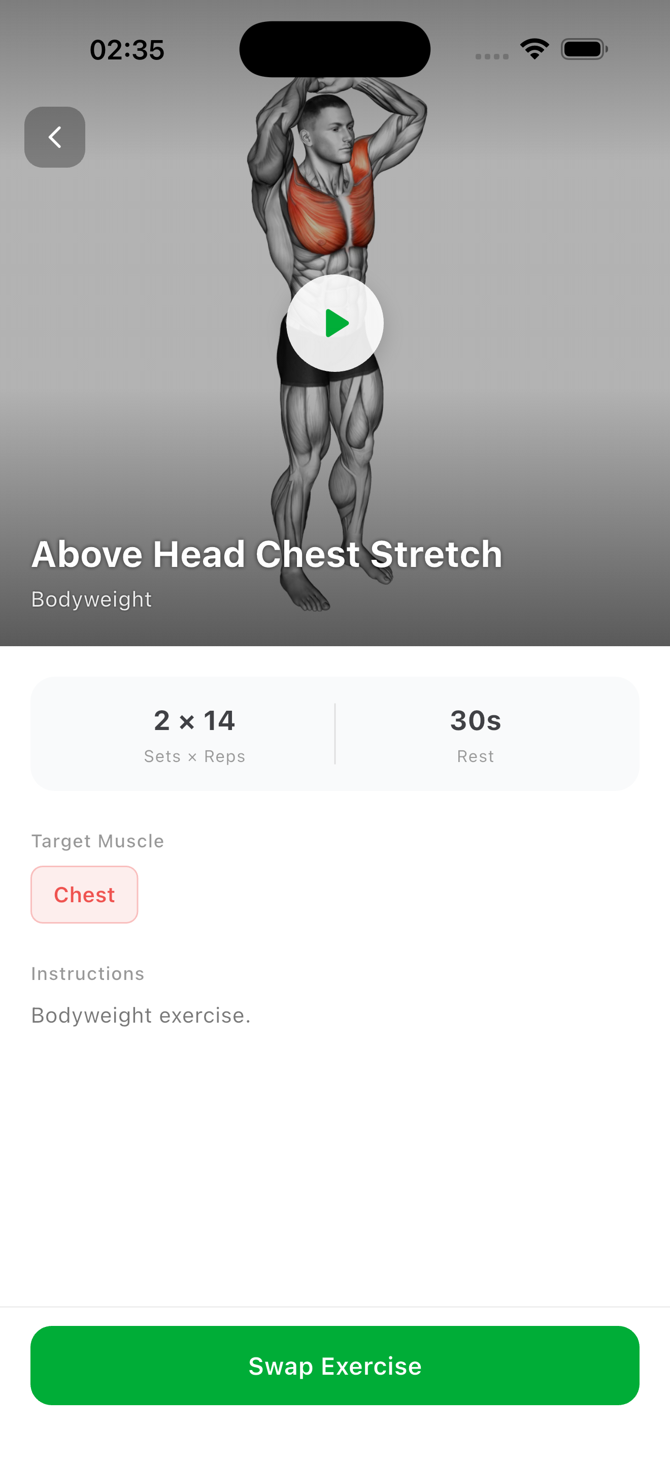 Exercise detail screen showing muscle anatomy illustration, target muscle tag, sets and reps with swap exercise button