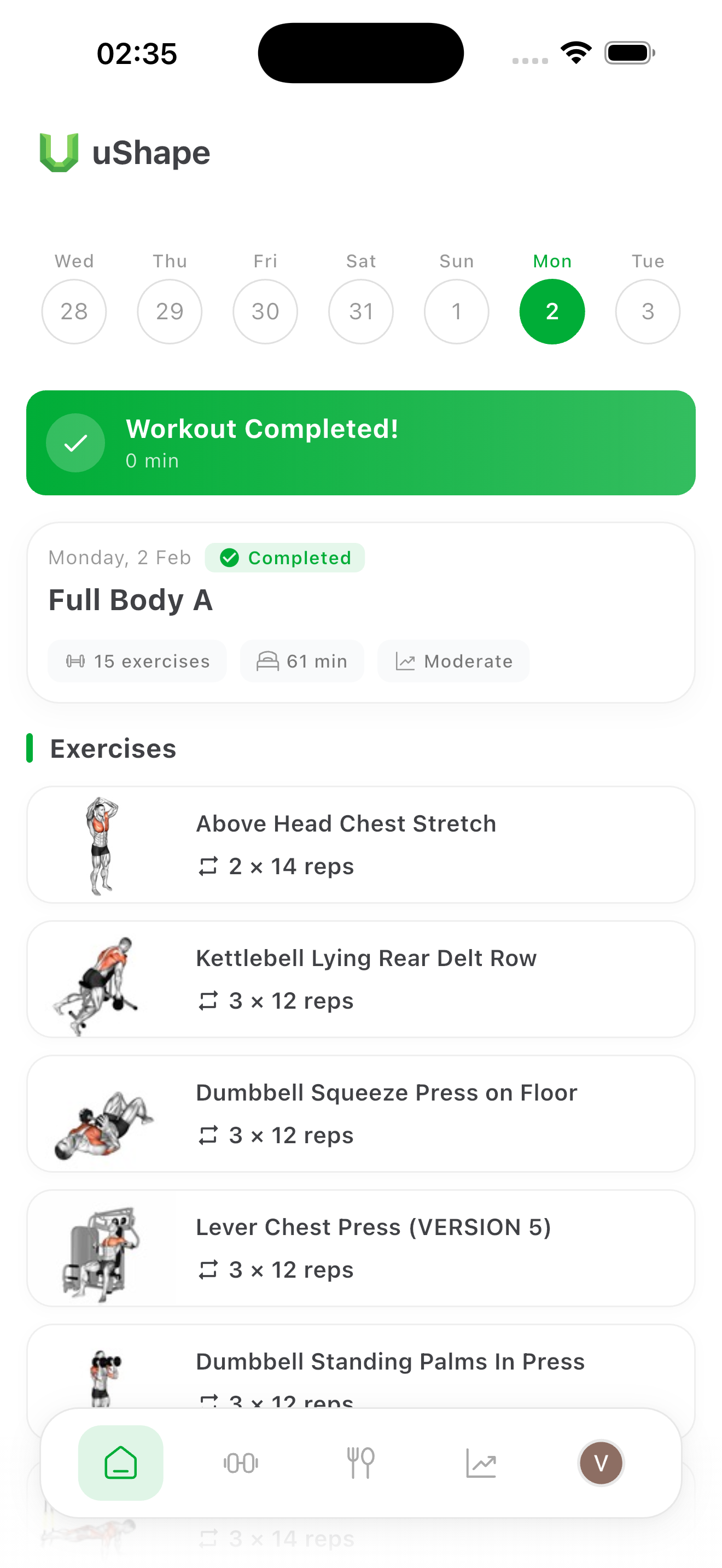 uShape app home screen showing completed workout with exercise list and weekly calendar