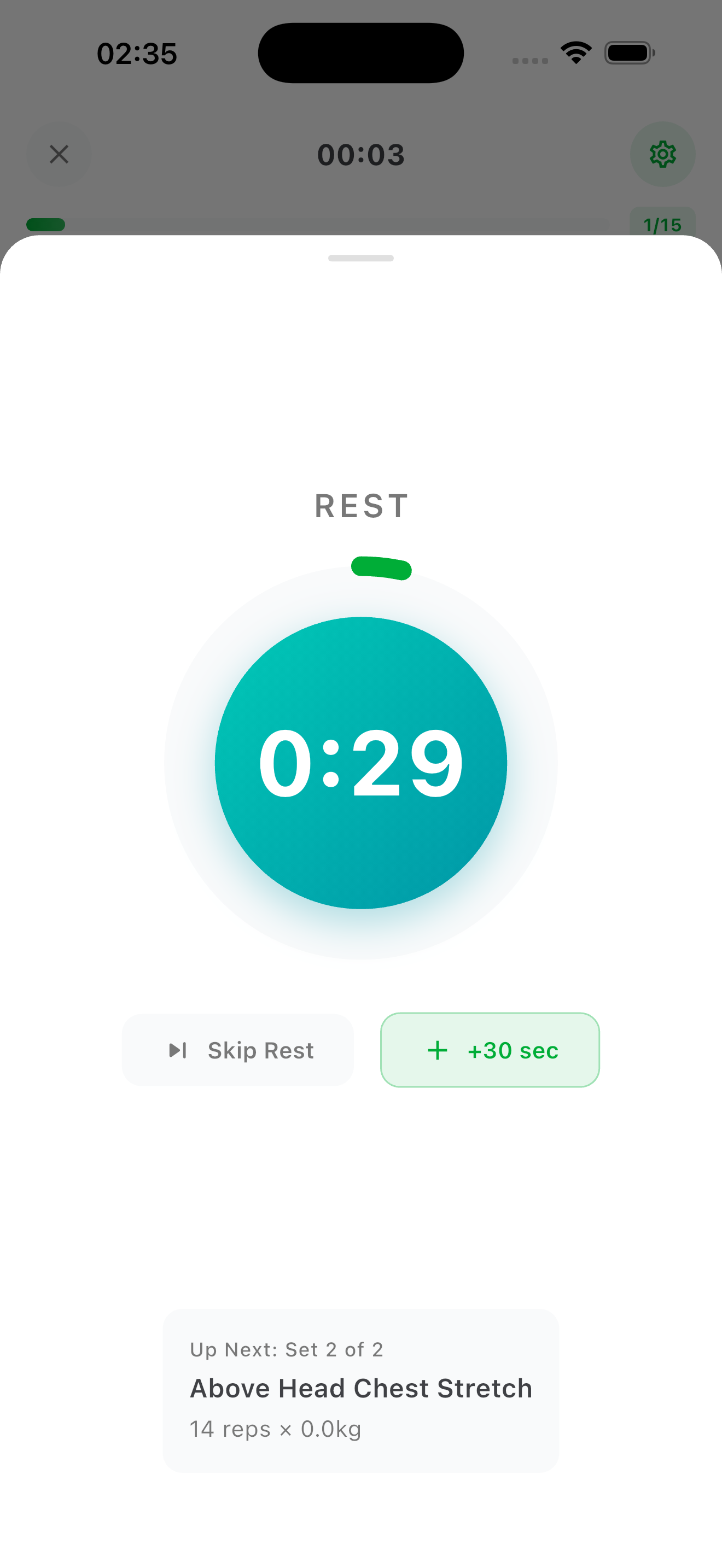 Rest timer screen with circular countdown showing 29 seconds, skip rest and add 30 seconds buttons