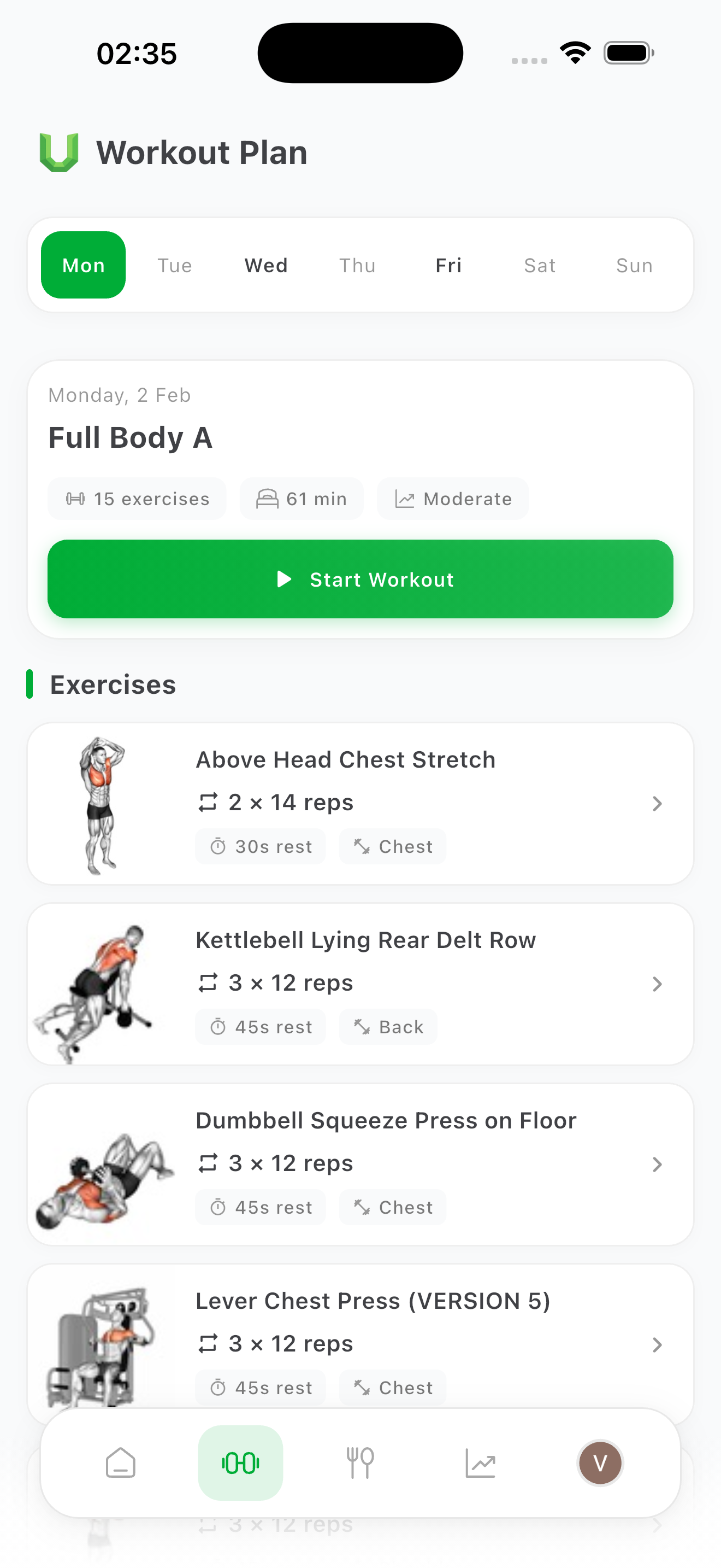 uShape workout plan screen showing Full Body workout with exercises, sets and reps